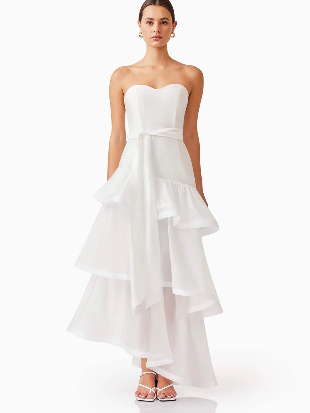 Elliatt Kalani White Strapless Tiered Ruffle Midi Dress with Waist Tie